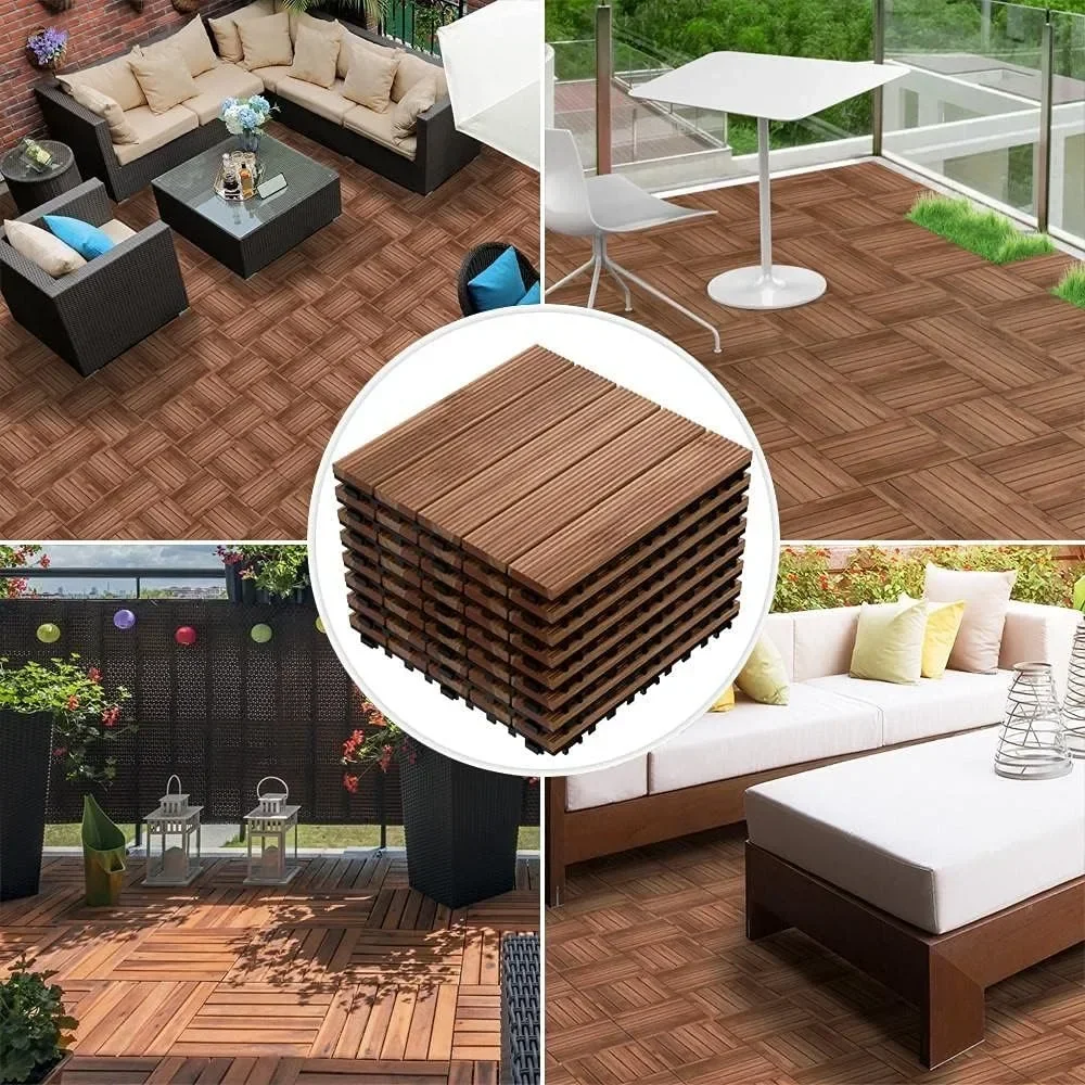 44pcs Patio Deck Tiles 12 x 12in Interlocking Wooden Flooring Fir Wood Wood Floor Tiles, Brown