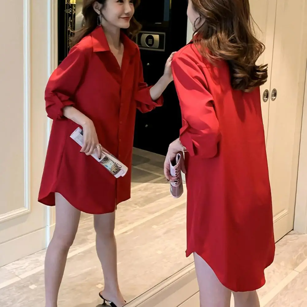 

Long Sleeve Shirt Dress Women's Casual Shirt Dress Collection Spring/autumn Mid-length Lapel Long Sleeve Single Breasted Solid