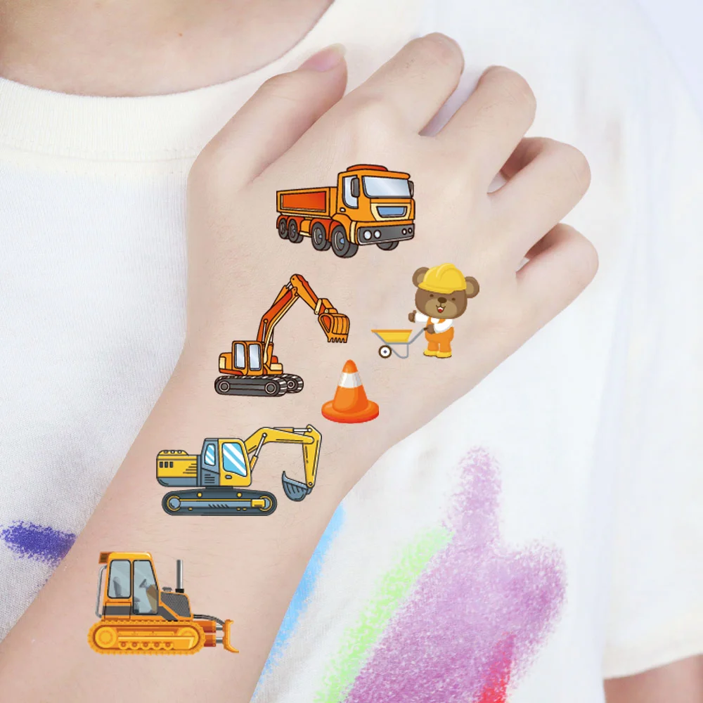 10 Sheets Excavator Vehicle Pattern Temporary Tattoos For Children Engineering Crane, Cartoon Tattoos Stickers for Kids