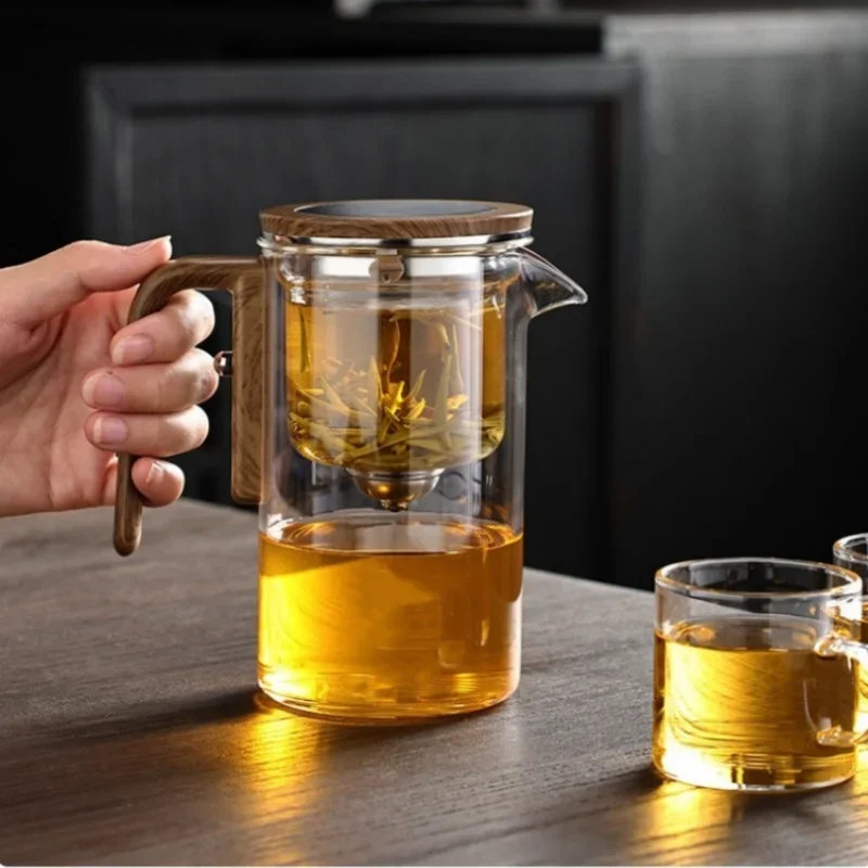 One Click Filter Tea Kettle Heat-resistant Glass Teapot with Wooden Handle Magnetic Switch Kung Fu Tea Pot Filtration Kettle