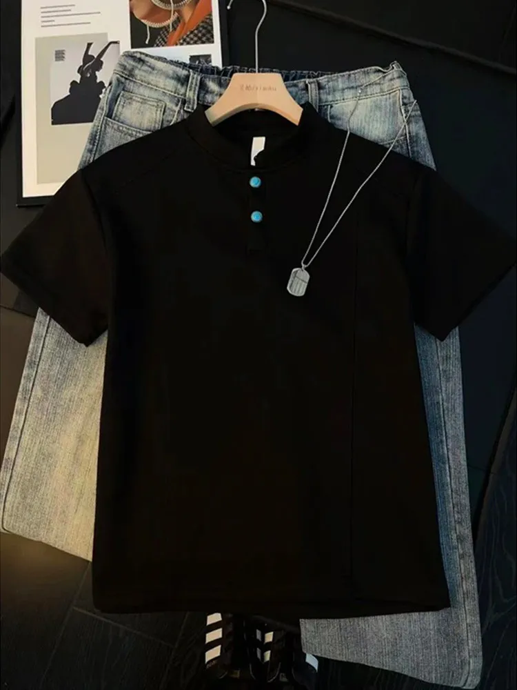 Cleanfit Turquoise Short Sleeve T-Shirt Henry Collar Half Shoulder American Style Summer Casual Breathable Loose Fit Unisex