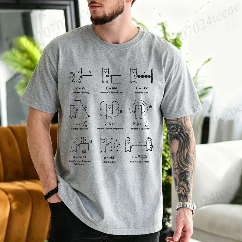 Men Funny Physics Formula Cat Graphic T Shirt Equation Print Tee Physics Teacher Gift Vintage Academia Short Sleeve Unisex Tops