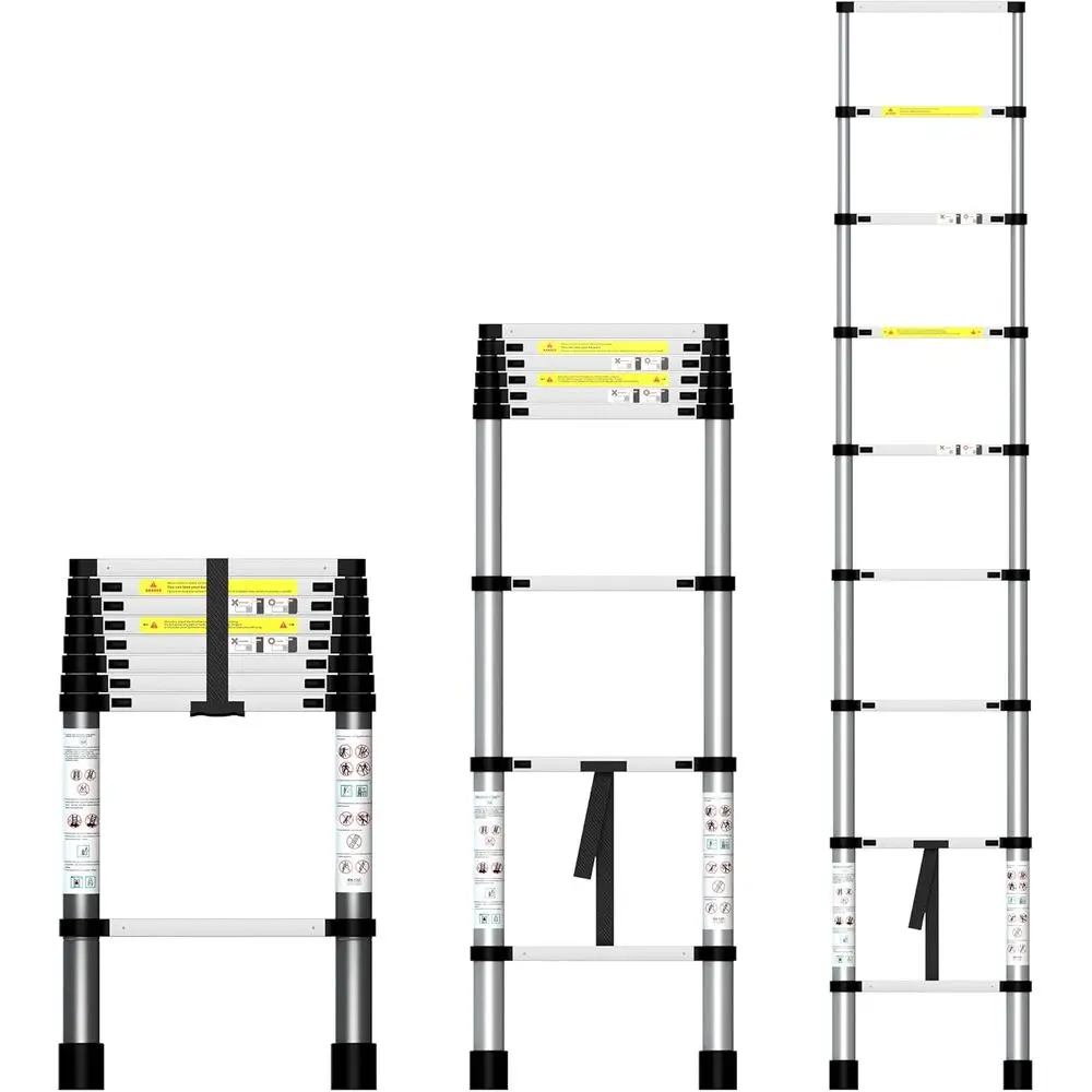 

10.5 Ft Extension Collapsible Aluminum Ladder with Stabilizing Bar, Multi-Button Retraction, 330 Lbs Capacity, Ideal for Home, R