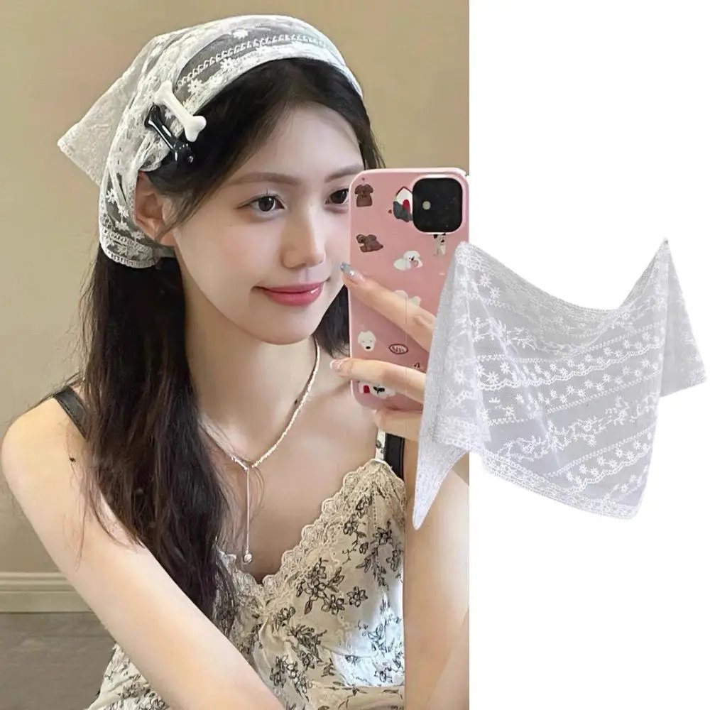 

HOT Summer White Woven Floral Lace Hair Scarf Wraps Sweet Flower Triangle Hair Scarves Lace Headwear Thin Breathable Ribbons 1PC