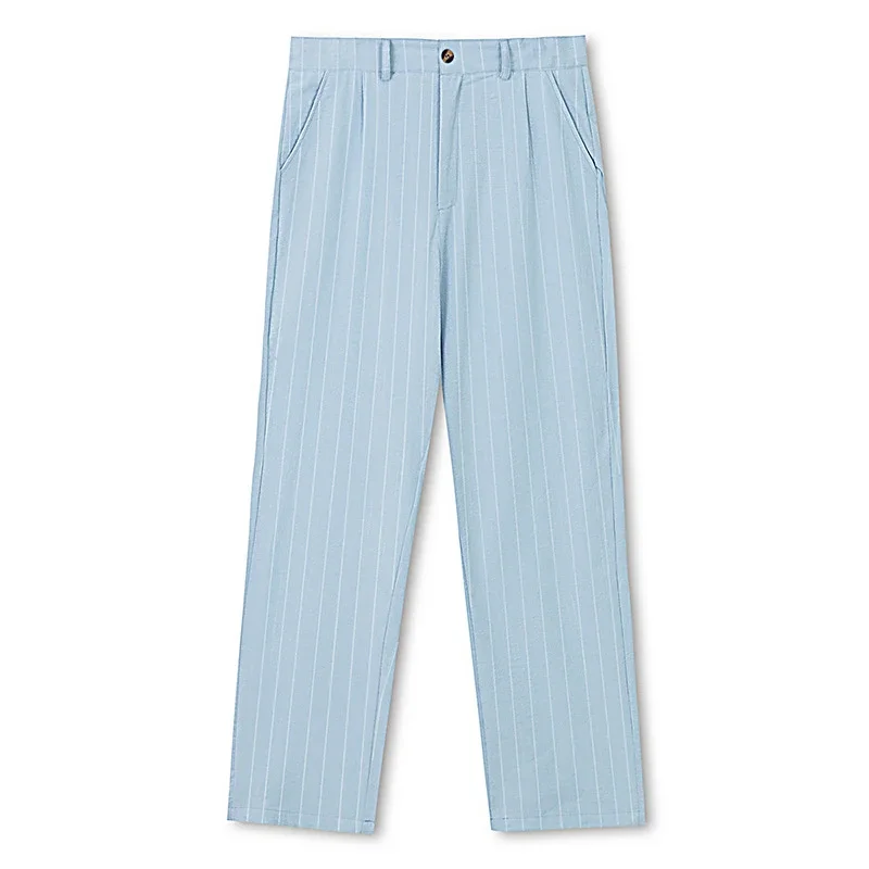 

Classic Striped Print Mens Linen Pants Summer New Casual Loose Straight Trousers For Men Daily Leisure Breathable Linen Trousers