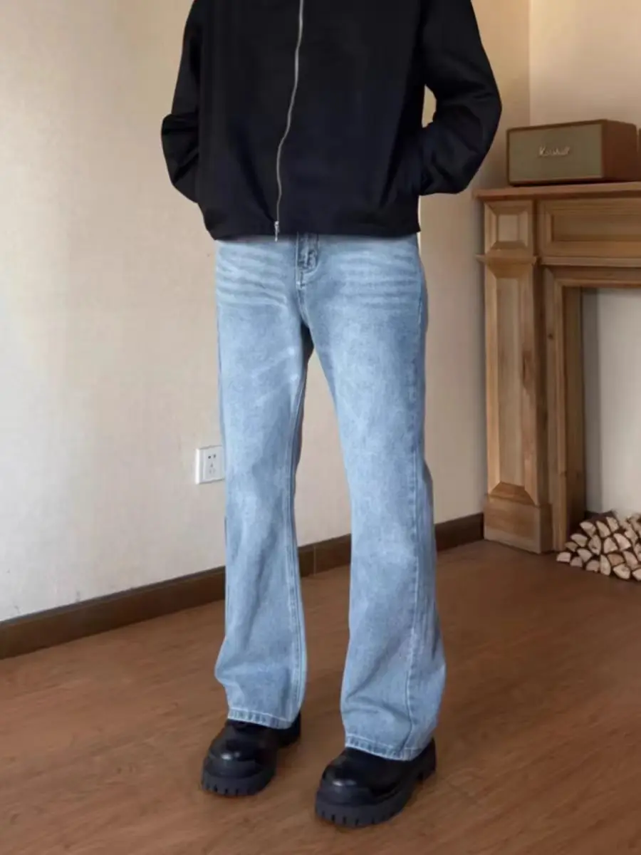

American Blue Cleanfit Men's Long Straight Leg Micro Flare Jeans Vintage High Street Style Casual Youth Fashion Jeans