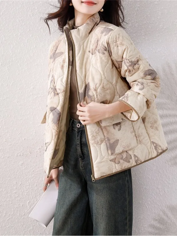 Plus Size Damen Retro Adient Stehkragen Baumwolle Jaet ort Oberbekleidung Thiened Warm Winter Faionable All-Match Mantel