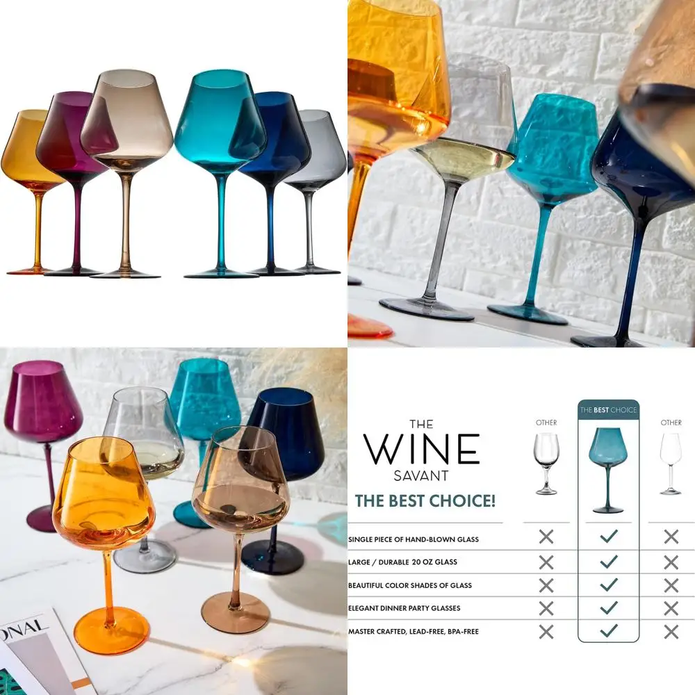 

Set of 6 Jewel-Toned Crystal Wine Glasses - Perfect Gift for Moms, Wives, and Friends in Autumn & Winter Hues, 20 oz, Italian St