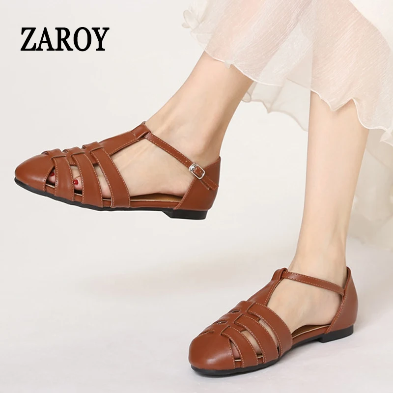 ZAROY Big Size 44 Flats Gladiator Sandals Women PU Leather Ankle Buckle Hollow Roman Sandals Casual Daily Flat Sandalias сан - Image 6