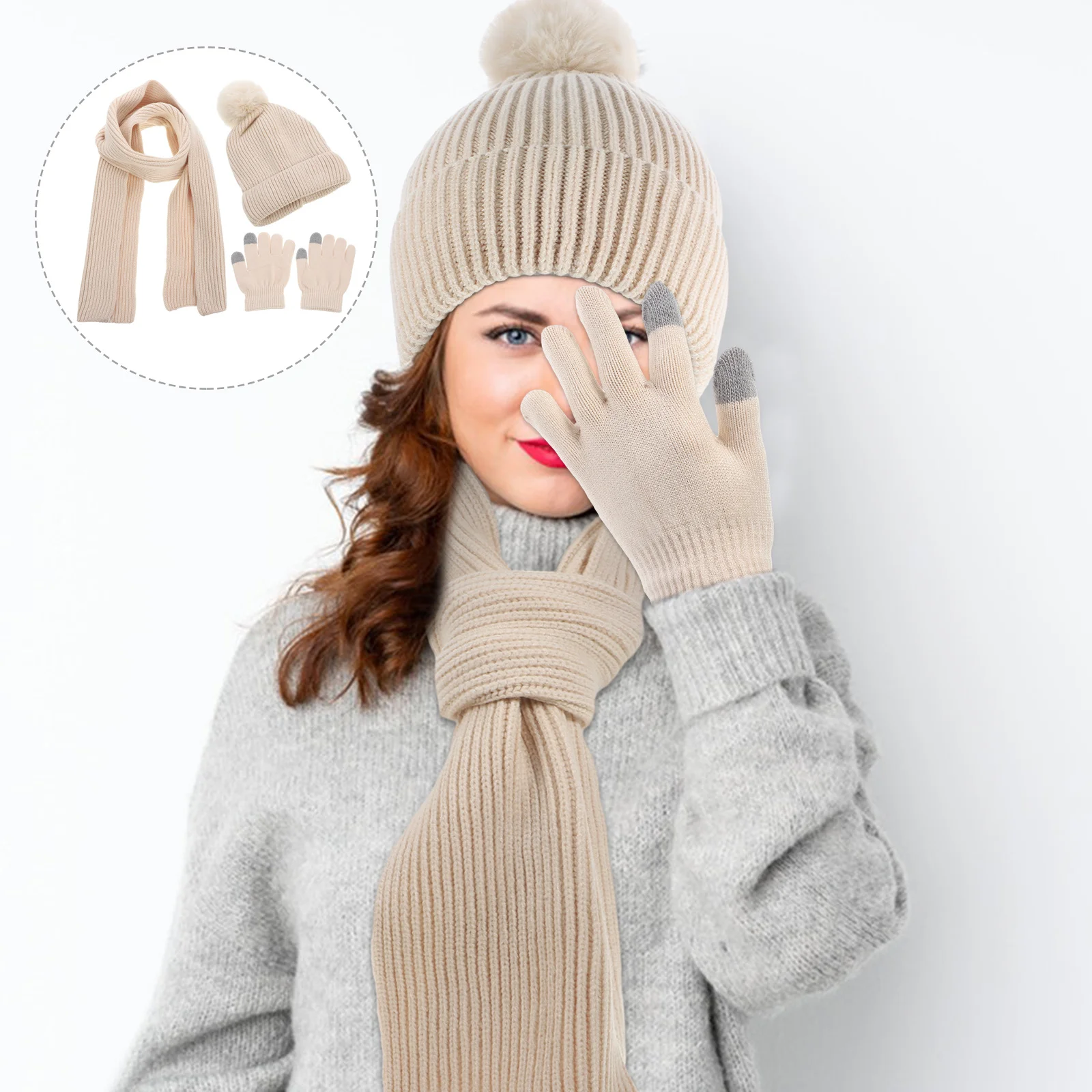 1 مجموعة الشتاء الدافئة لمس قفازات للنساء وشاح طقم قبعات لينة الدافئة قفازات ركوب الخيل في الهواء الطلق قبعات الشتاء للنساء