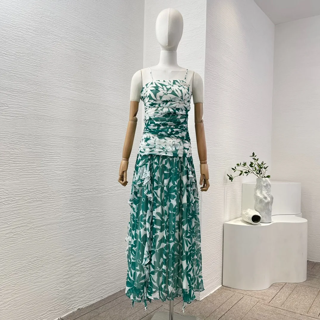 Green Floral Print Sleeveless Ruched Tube Midi Dress High Quality Strapless Vintage 2024 Spring Summer Sexy Sling for Woman