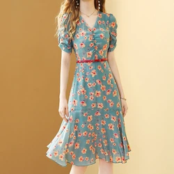 Women's Summer Floral Chiffon Lotus Leaf Dress 2021 New Fashion Print Temperament Belt Chic Female Dress Vestido Feminino dress