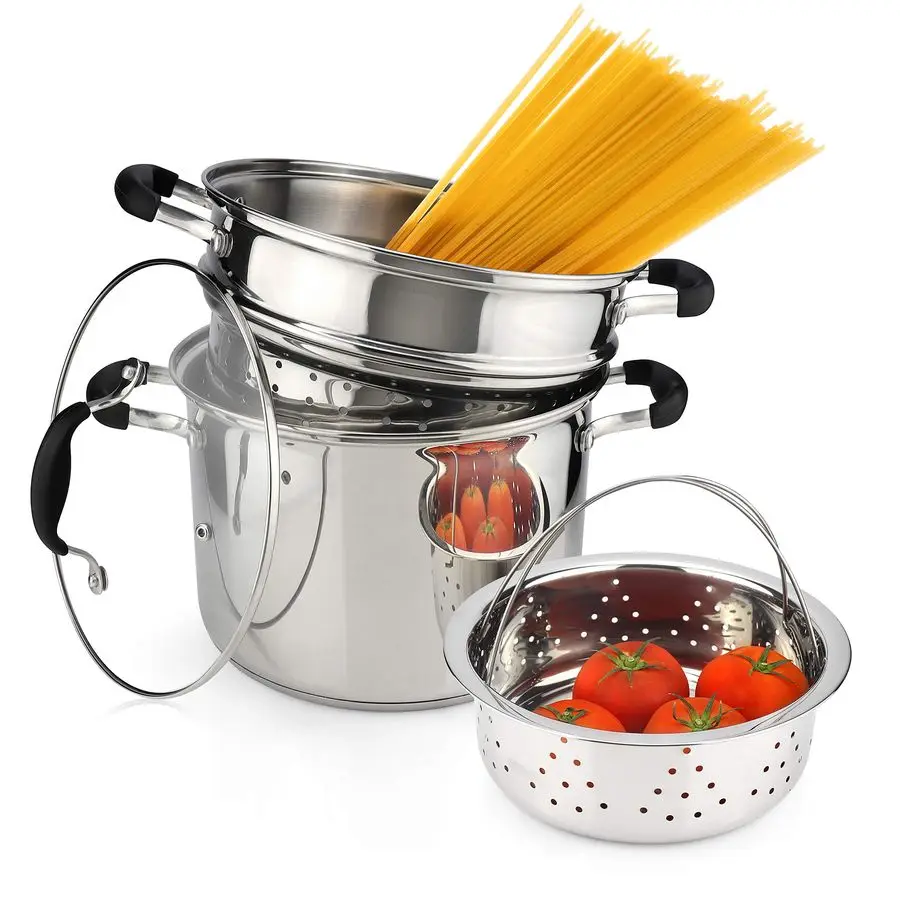 

18 10 Stainless Steel, 4 Piece Pasta Pot with Strainer Insert, Stock Pot with Steamer Basket and Pasta Pot Insert, Pasta Cooker