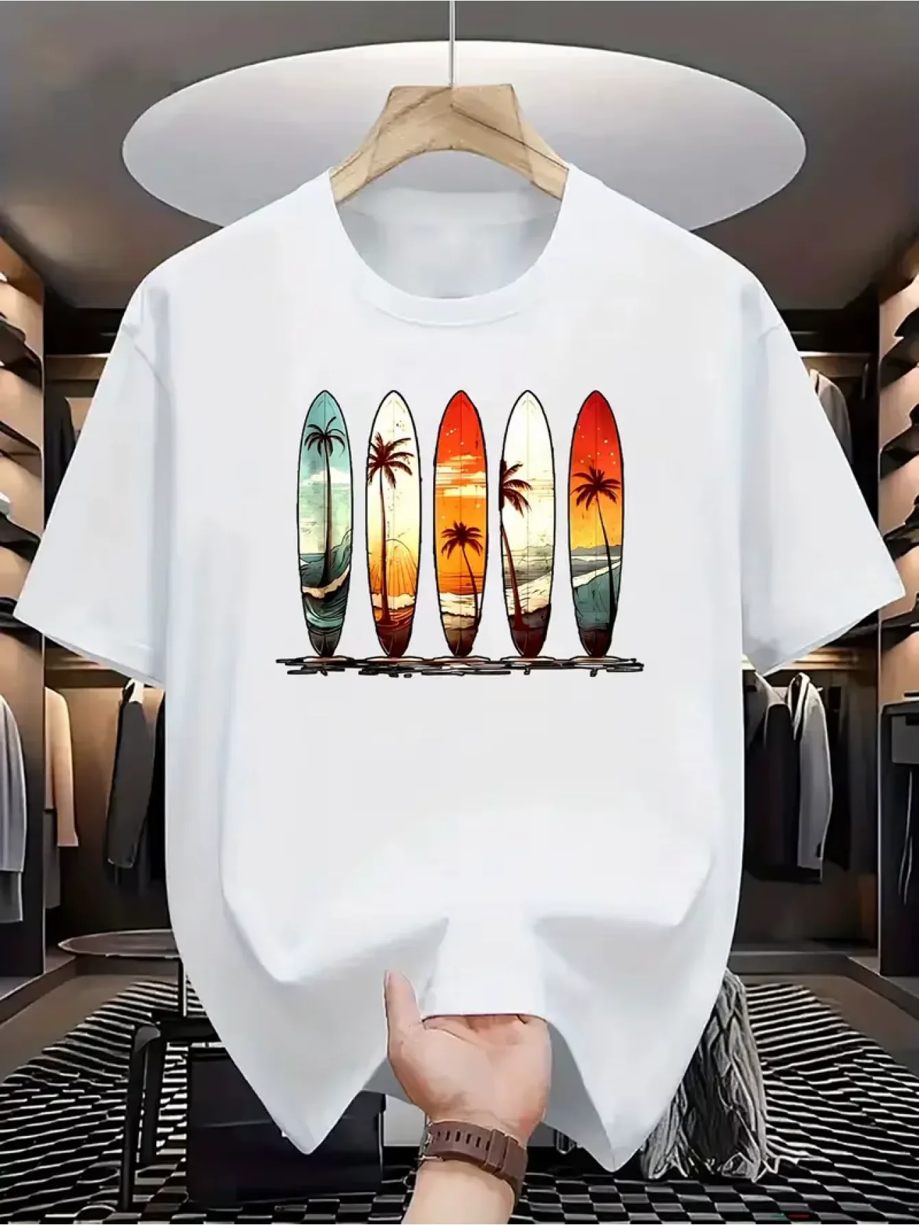 Retro Sunset Surfboard and Palm Tree Print on Premium Soft 100_ Cotton Mens T Shirt Perfect for Summer