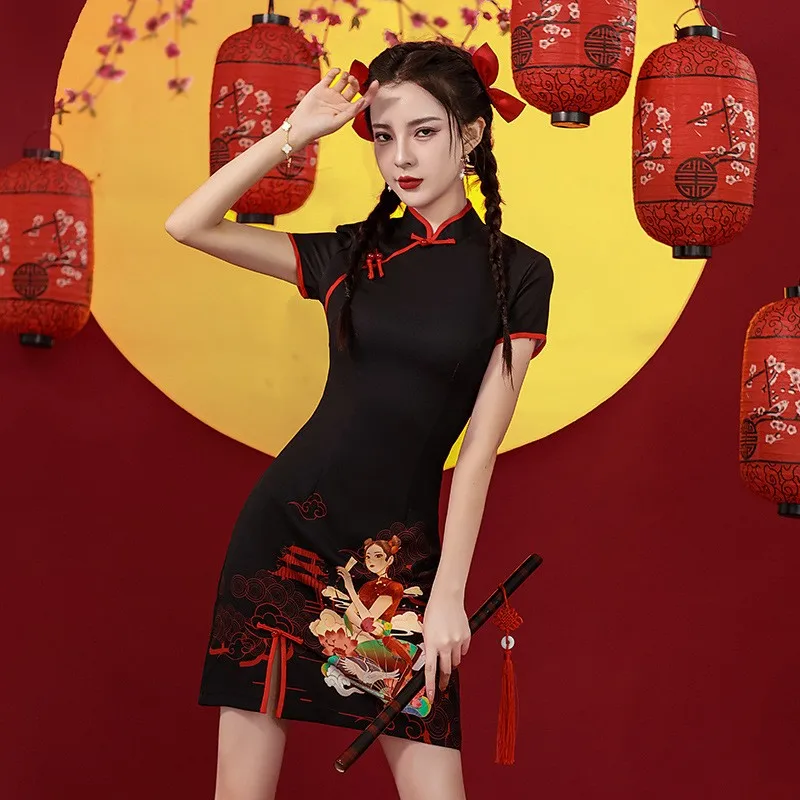 

2024 GuoChao Modern Chinese Dress For Girls Cheongsam A-line Dress Women Qipao Traditional Chinese Improved Cheongsam Dress