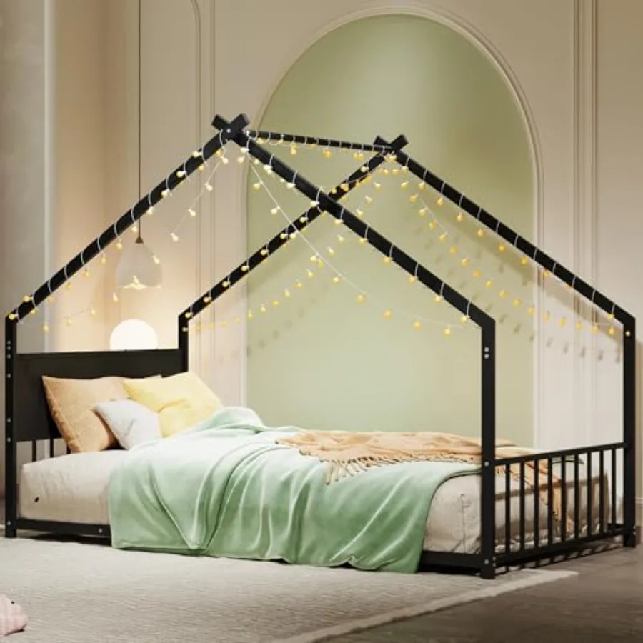 

Twin Size Montessori Floor Bed with RGB LED Light Twin Size House Floor Bed with High Headboard and Footboard Twin Floor Bed wi