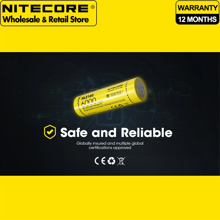 High Capacity NITECORE NL2160 6000mAh Rechargeable Li-ion Battery 21700 by CE certified