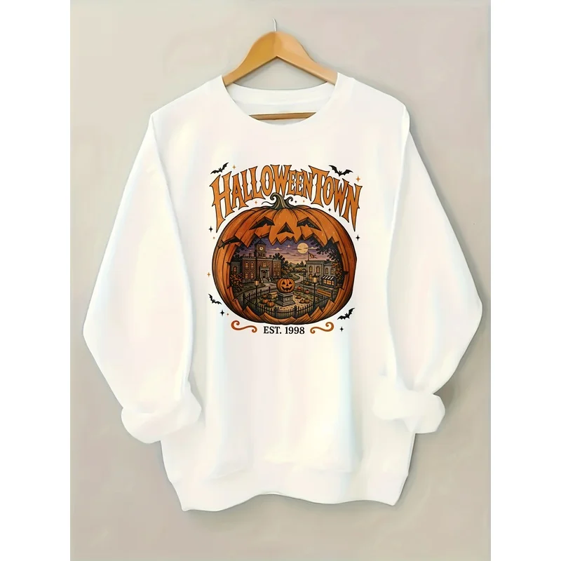 Summer Halloween Town Printed Pumpkin Lantern Town Scene Bat Pattern EST 1998 Women's round neck hoodie Halloween sweatshirt