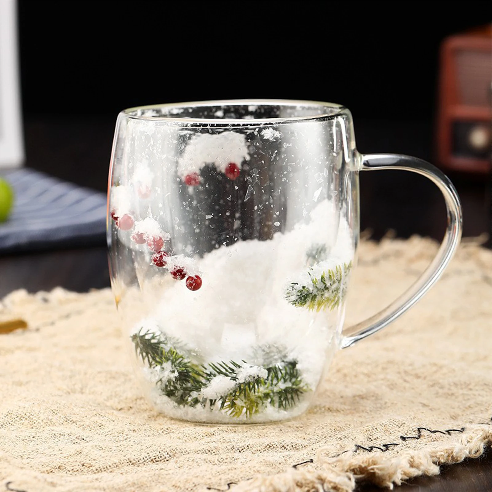 300ml Christmas Snow Scene Cup Double-layer Heat Insulation High Boron Glass Milk Coffee Mug Xmas New Year Gifts Decoration