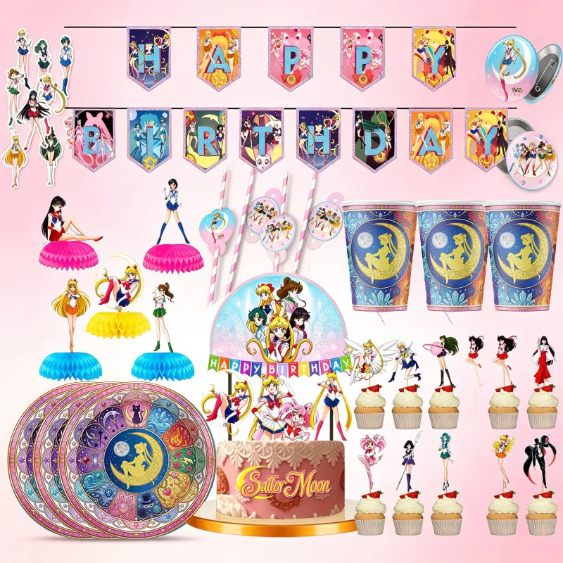 Articles de table et décorations sur le thème de Sailor Moon pour fête d'anniversaire : gobelets, assiettes, drapeaux, pailles, toile de fond, guirlandes spirales, décorations pour cupcakes, célébration de fête