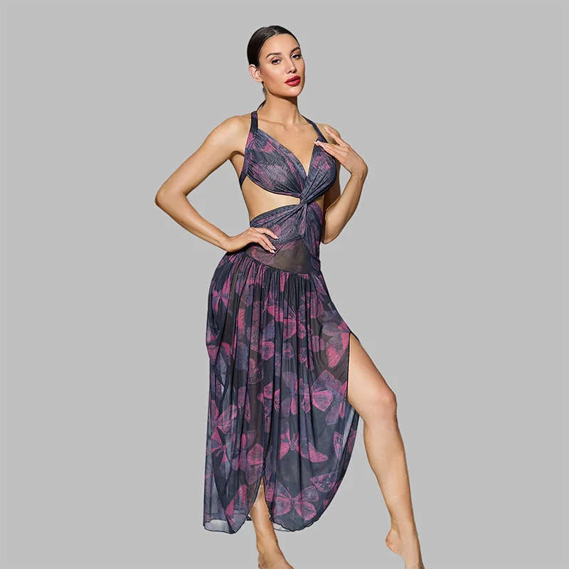 Butterfly Print Mesh Nightgown Sexy Backless Halter Night Dress Women Deep V Bandage Elegant Sleepwear Double Side Slit Pajamas