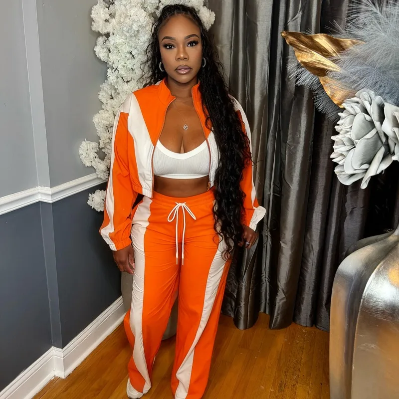 

Цветной лоскутный повседневный спортивный комплект из 2 предметов, женские спортивные костюмы, куртка на молнии с длинными рукавами, укороченный топ + широкие брюки на шнурке, костюмы