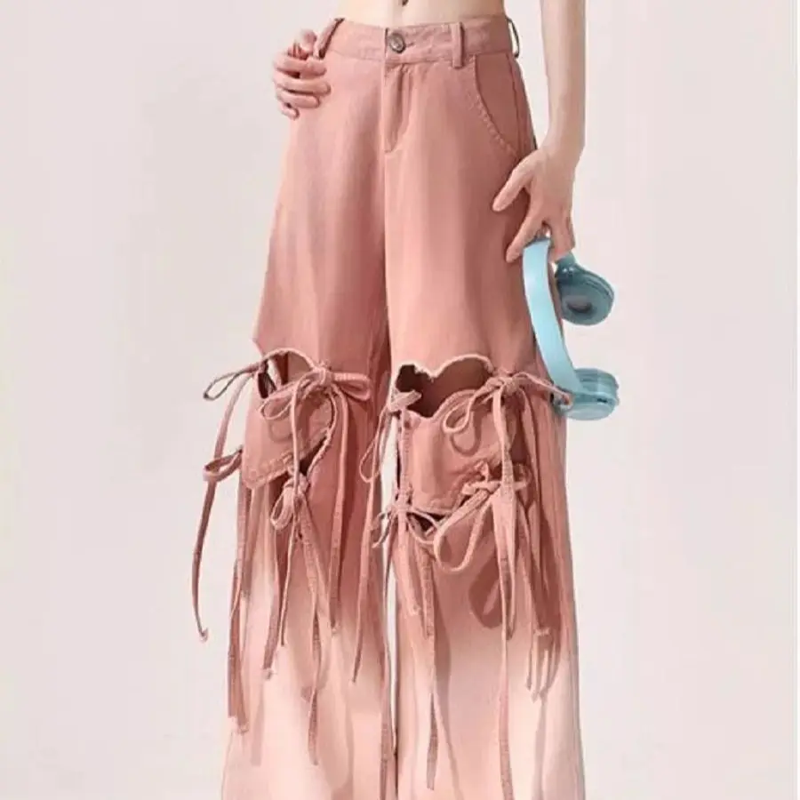 

Korea Version Dopamine Wear Pink Ripped Jeans Women Spring Summer New Niche Design Loose Slimming Wide-Leg Pants