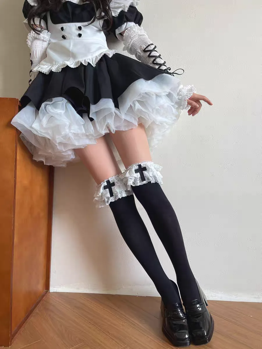 Urocze bawełniane podkolanówki z wielowarstwową koronką, falbanką i krzyżowaniem, skarpetki do połowy łydki w stylu Y2K Lolita JK, damskie skarpetki do mundurka szkolnego.