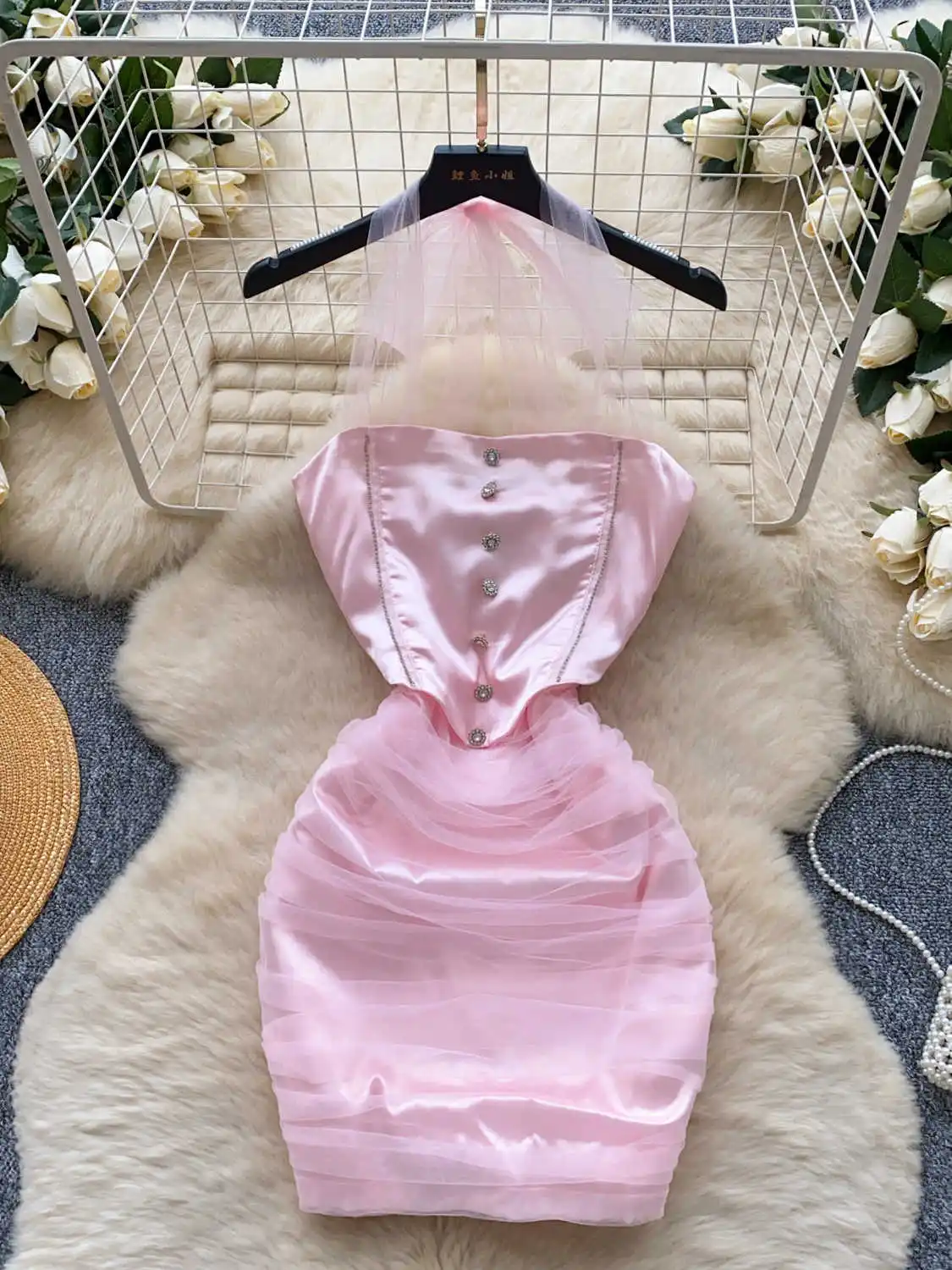 

Women's Pink Patchwork Mini Bodycon Dress Vintage Elegant Off Shoulder Luxury Dresses Y2k One Piece Frocks 2000s Clothes Summer