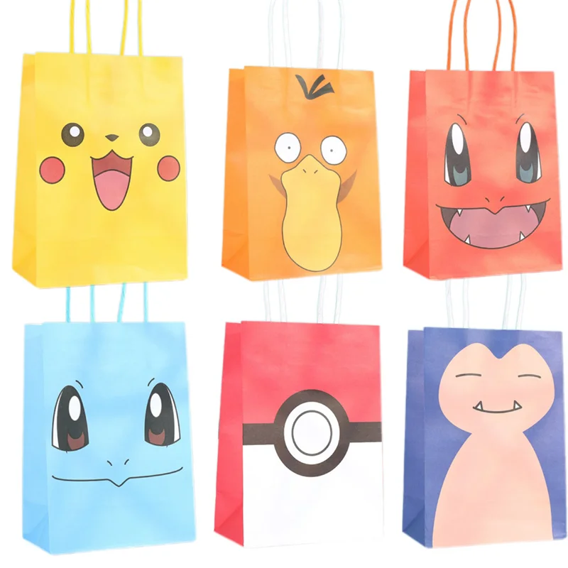 1/4/6/9/10pcs Pikachu Digimon Adventure 21x15x8cm Sacchetto di carta Kraft Anime Cartoon Stampa Forniture per feste per bambini Borsa regalo di caramelle