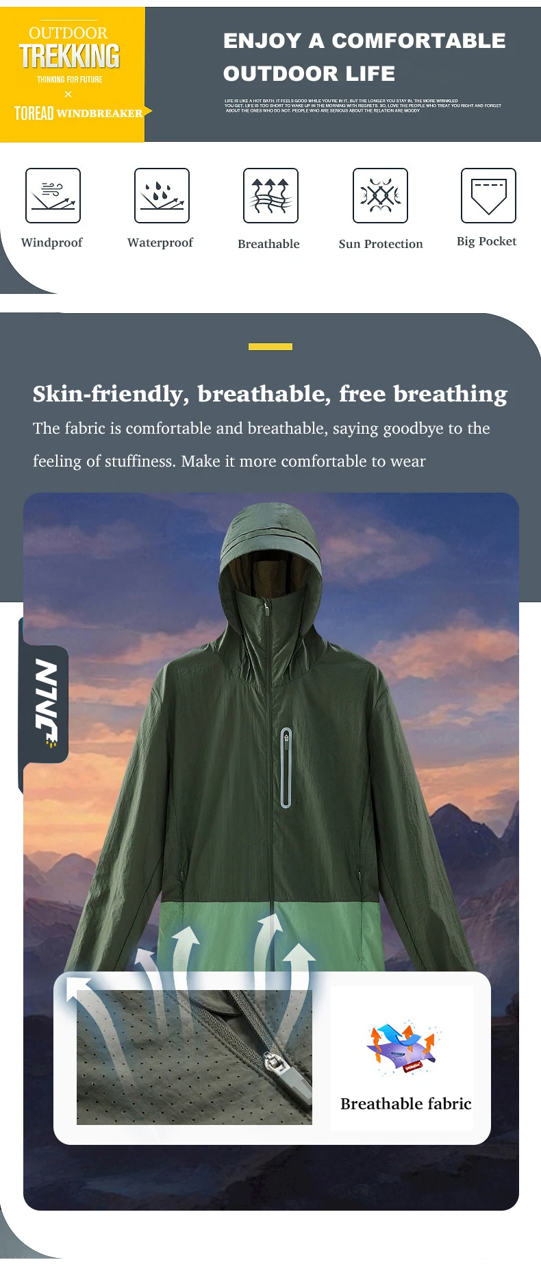LNGXO Damen- und Herrenjacke, wasserdicht, UV-Schutz, Windjacke, Camping, Klettern, Trekking, Wanderjacke, Unisex, schnell trocknend, Sonnenschutzmantel – Detail 3
