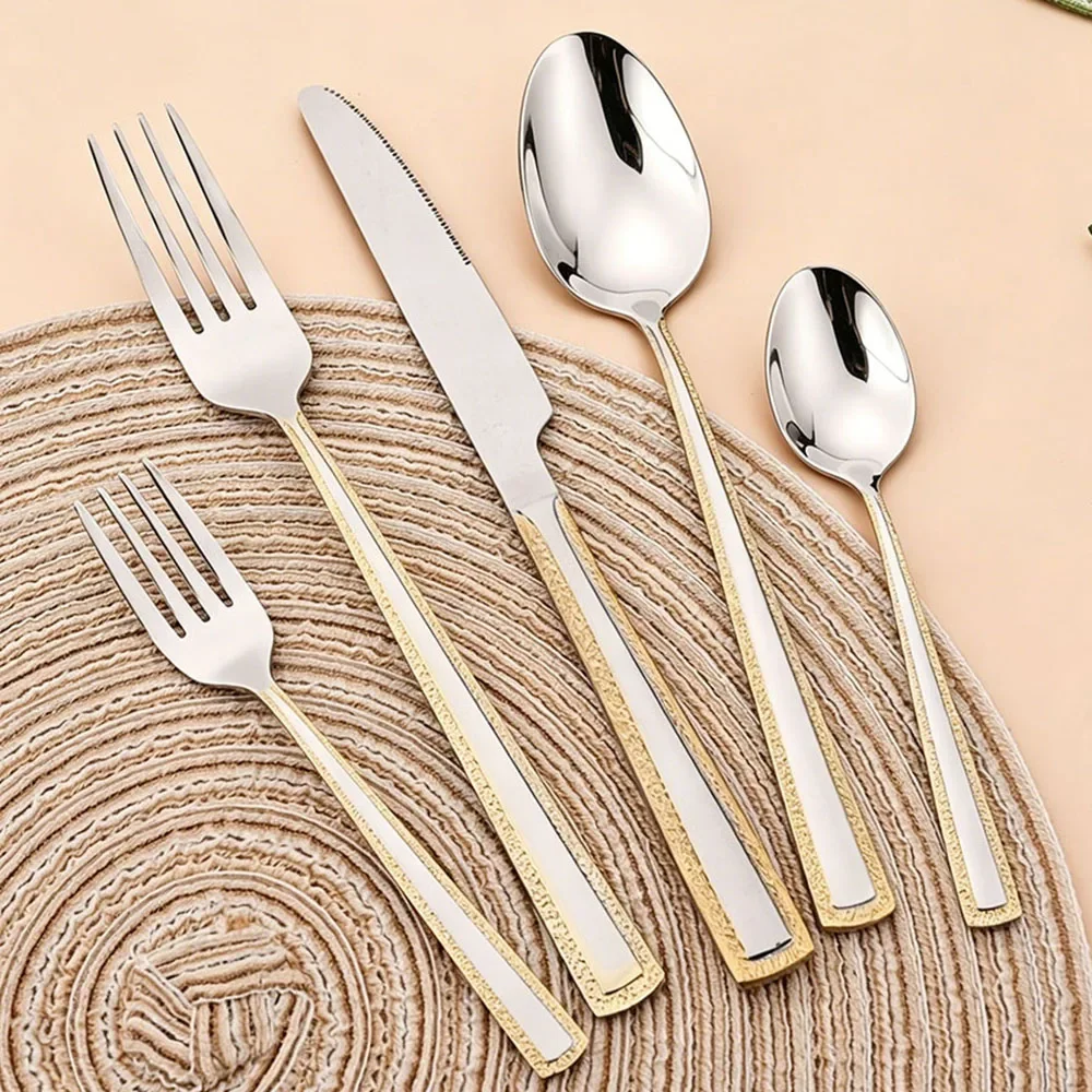4Pcs Stainless Steel Cutlery Set Knife Fork Spoon Dinnerware Set Embossed handle Dinner Tableware Kitchen Home Flatware