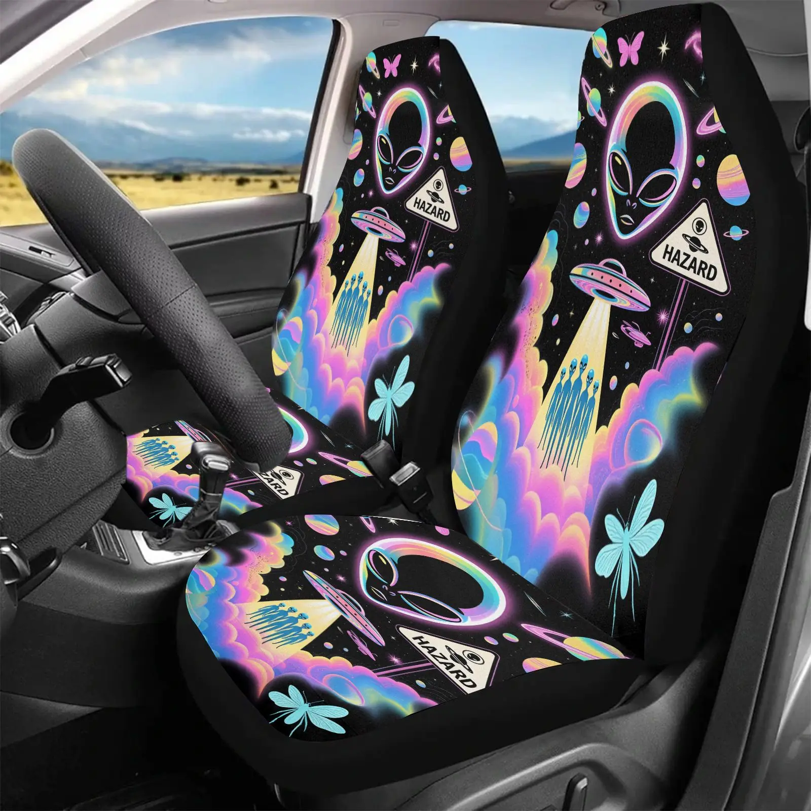Set Of 2 Car Seat Covers Featuring An Alien Rainbow UFO Design, Compatible With For All Types Of Vehicles Such As Sedans, Suvs,