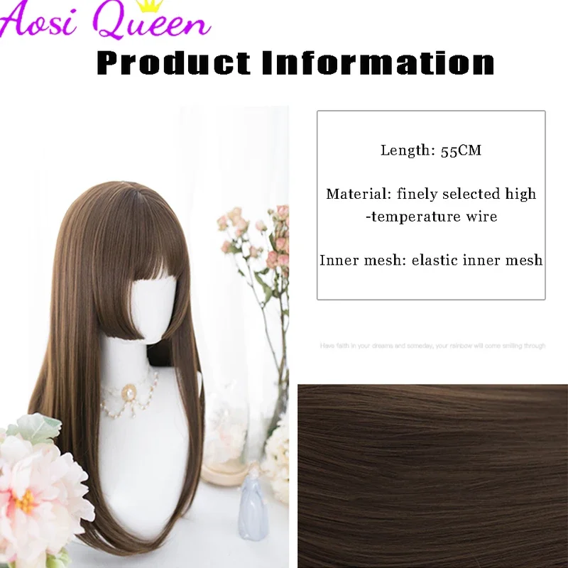 AS-pelucas largas y rectas con flequillo para mujer, peluca completa sintética resistente al calor, negra y marrón, pelucas favoritas afroamericanas