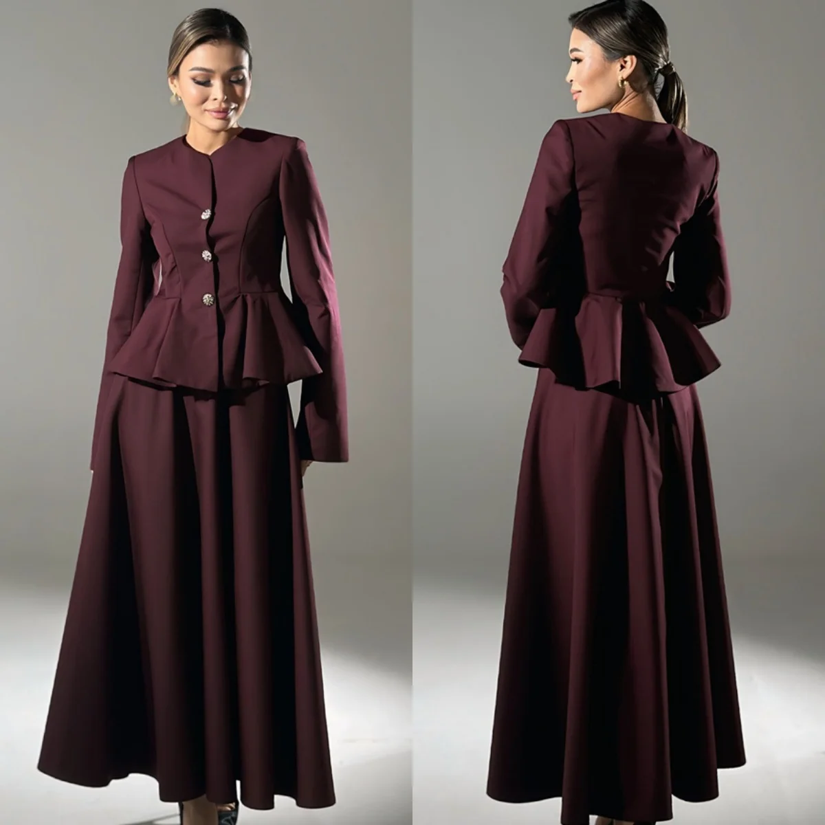 

Customized Temperament Dark Purple Jersey Evening Dress High Quality Crew Neck Long Sleeves Buttons Special Occasion Gowns