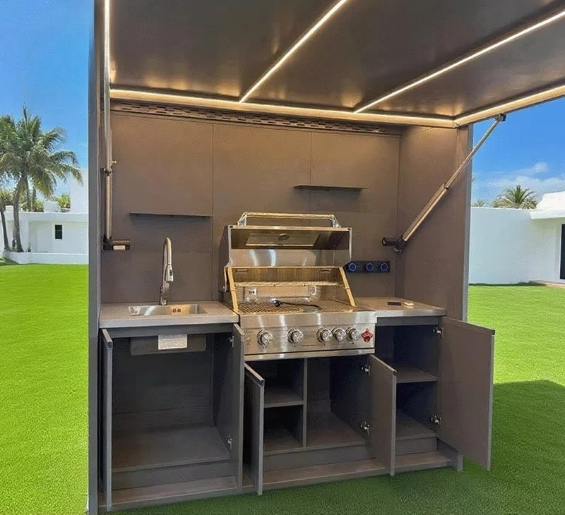 Stainless steel outdoor kitchen shed weatherproof with sink and refrigerator for barbecue grill black design