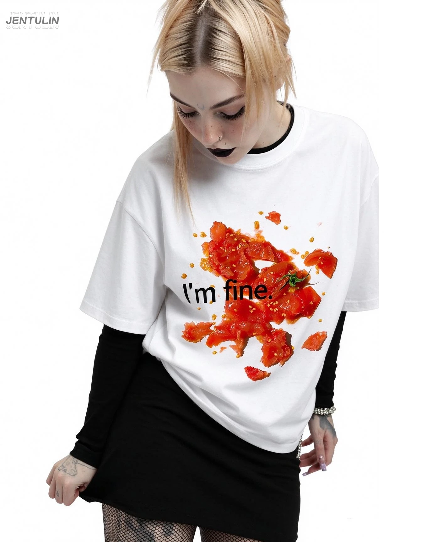 Oversized T-Shirt I'm Fine Smashed Tomato Print Short Sleeve Crew Neck White Tee Y2K Streetwear Summer Casual Tops Unisex