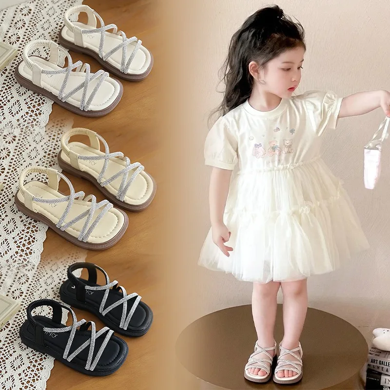 

Summer Children Flat Sandals Luxury Rhinestone Cross Strap Girls Causal Slip-on Shoes School Beach Non-slip Kids Fashion Sandals