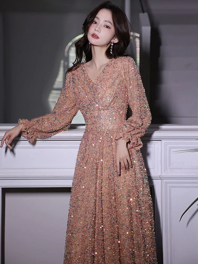 Long Sleeve Evening Dresses Elegant V-Neck A-Line Floor-Length Sparkly Sequin Women Formal Gowns For Engagement Part