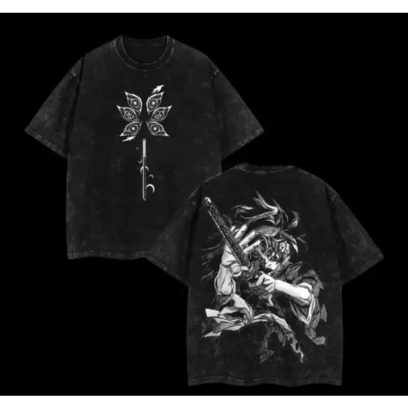 Anime Demon Slayer Unisex Washed Oversized Men's T-shirt for Spring and Summer