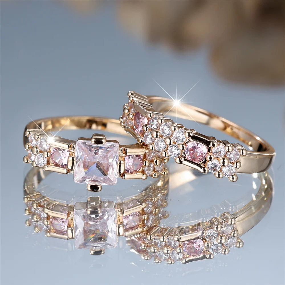 Crystal Female White Pink Zircon Stone Ring Set Gold Color Bridal Wedding Promise Love Engagement Jewelry For Women