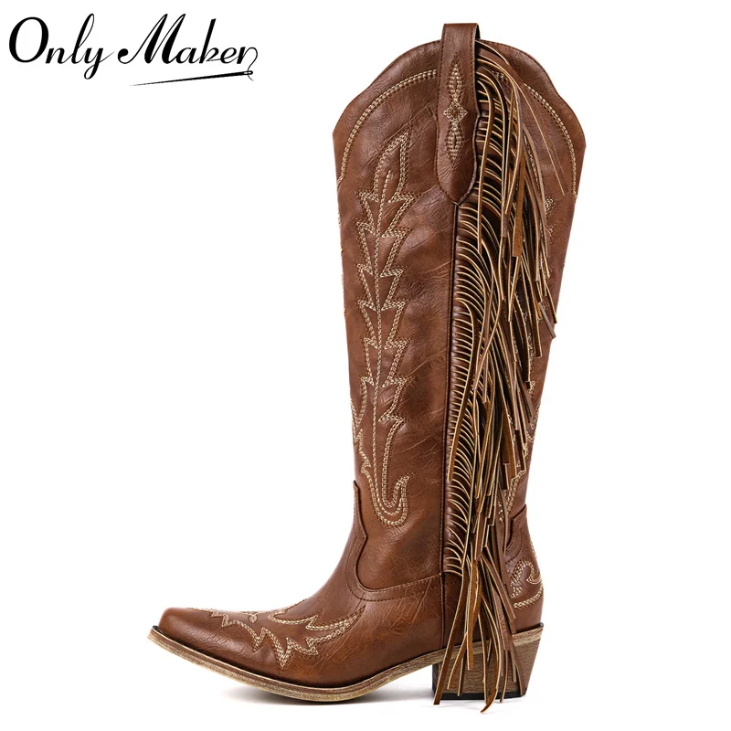 

Onlymaker Women Pointed Toe Fringe Side Zipper Retro Western Cowgirl Boots Fringed Chunky Heel Embroidery Cowboy Boots