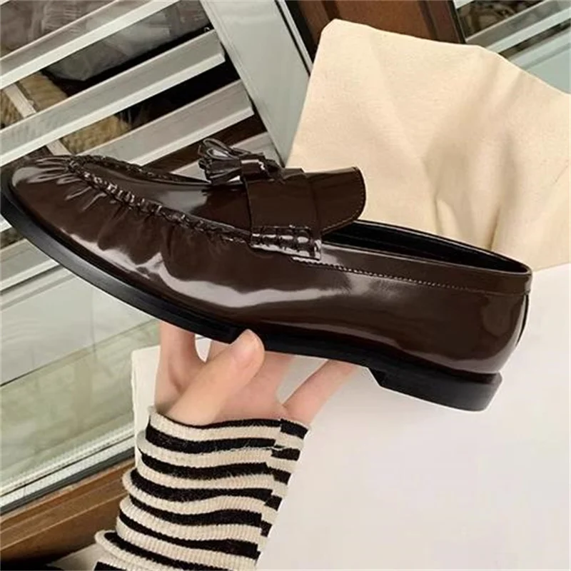 Tassel Shoes for Women Round Toes Low Heels Ladies Pleated Female Loafers PU Leather Chassure Femme Sewing Lines Zapatos Mujer