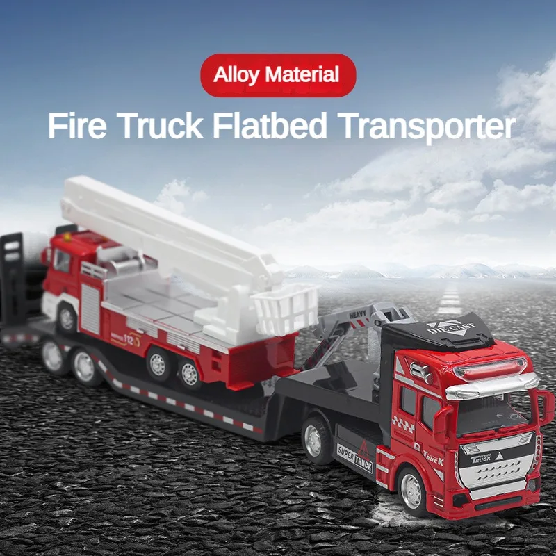 1:50 Alloy Fire Truck Flatbed Transporter Trailer Model Toys 33CM Rescue Vehicle Model Car Suitable for Collection