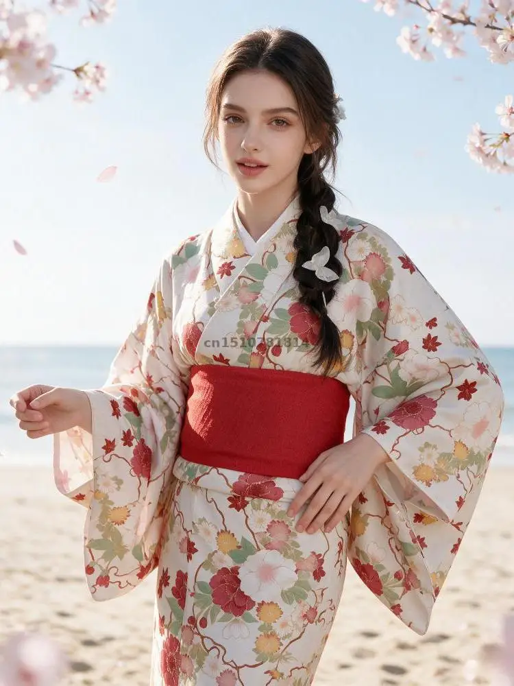 女性用和服-クリーム色の花柄プリント-赤い帯付き-伝統的でエレガントな夏のコスプレ-桜柄の浴衣-ヴィンテージの美しい衣装