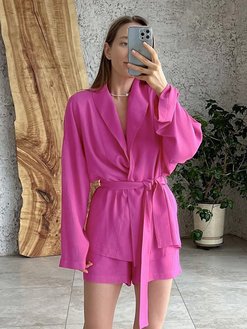 

Marthaqiqi Casual Ladies Sleepwear Set Lace Up Pajamas Turn-Down Collar Nightie Long Sleeve Nightgown Shorts Home Clothes Ladies