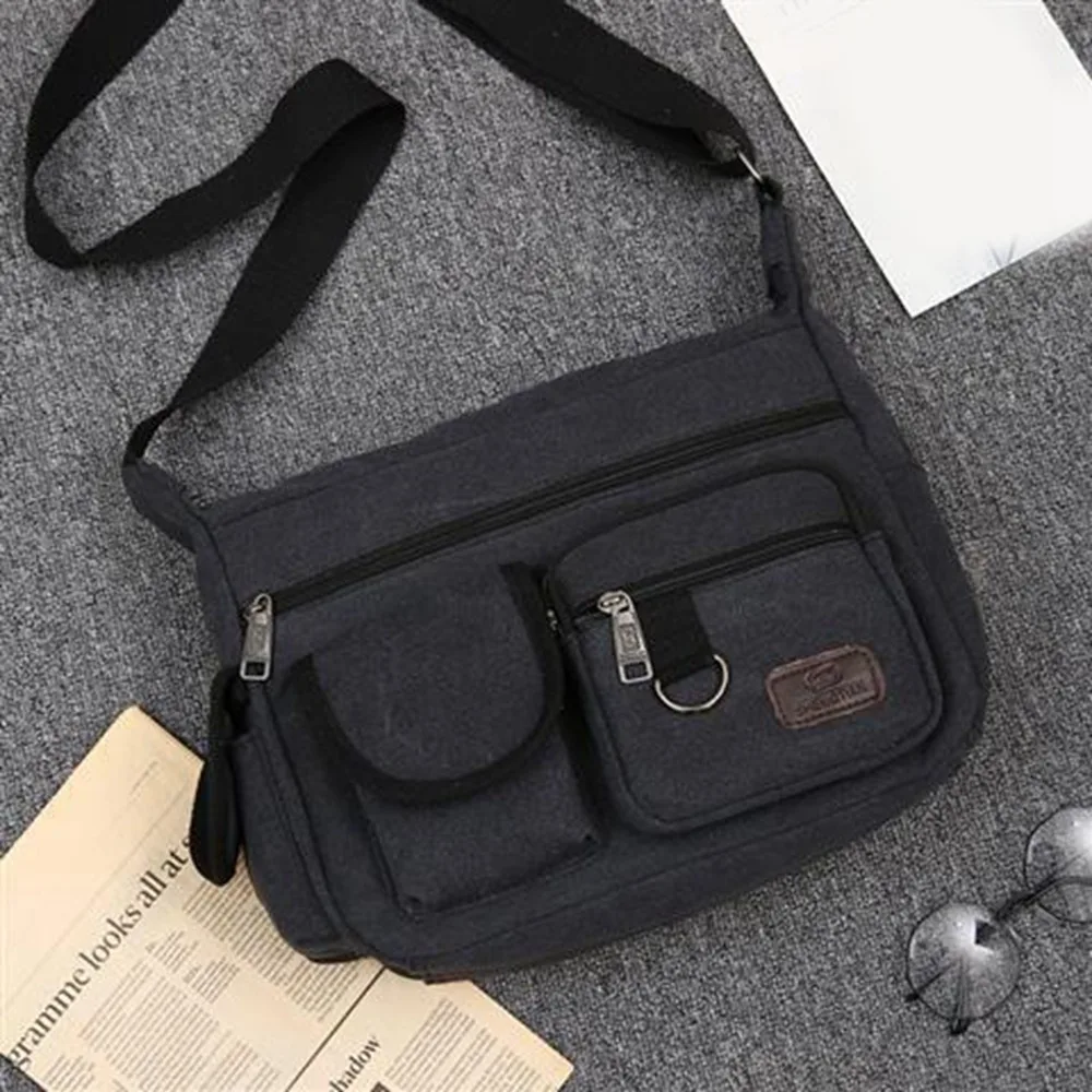 

Korean Style Men Messenger Bags Multifunctional with Pocket Canvas Crossbody Bag Zipper Solid Color Travel Tool Bag Outdoor