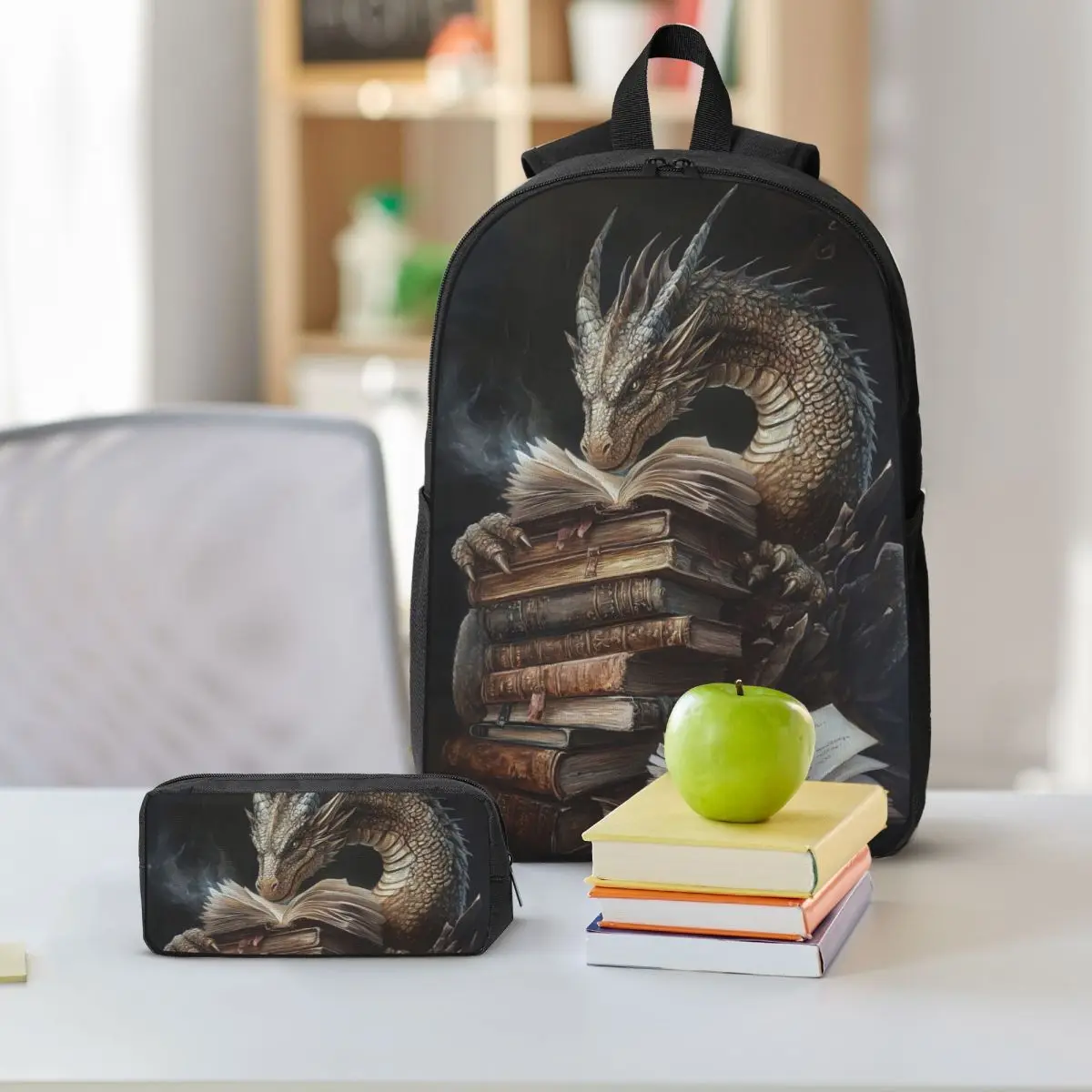 Black Dragon On Books Vintage Backpack Student BookBag School Bag Shoulder Bags 3ps Insulated Lunch Bag Pencil Case