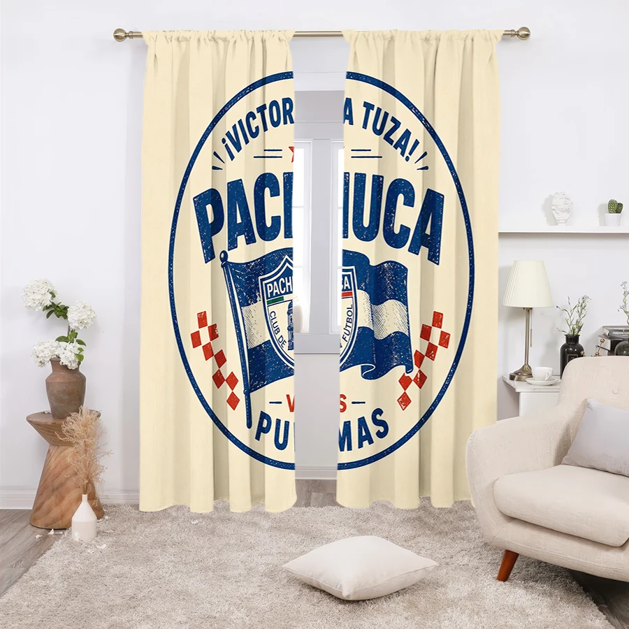2PCS Curtains, Vintage Pachuca Football Club Circular Badge Print With Team Flag and Pumas Match Theme Pattern, Applicable to fl