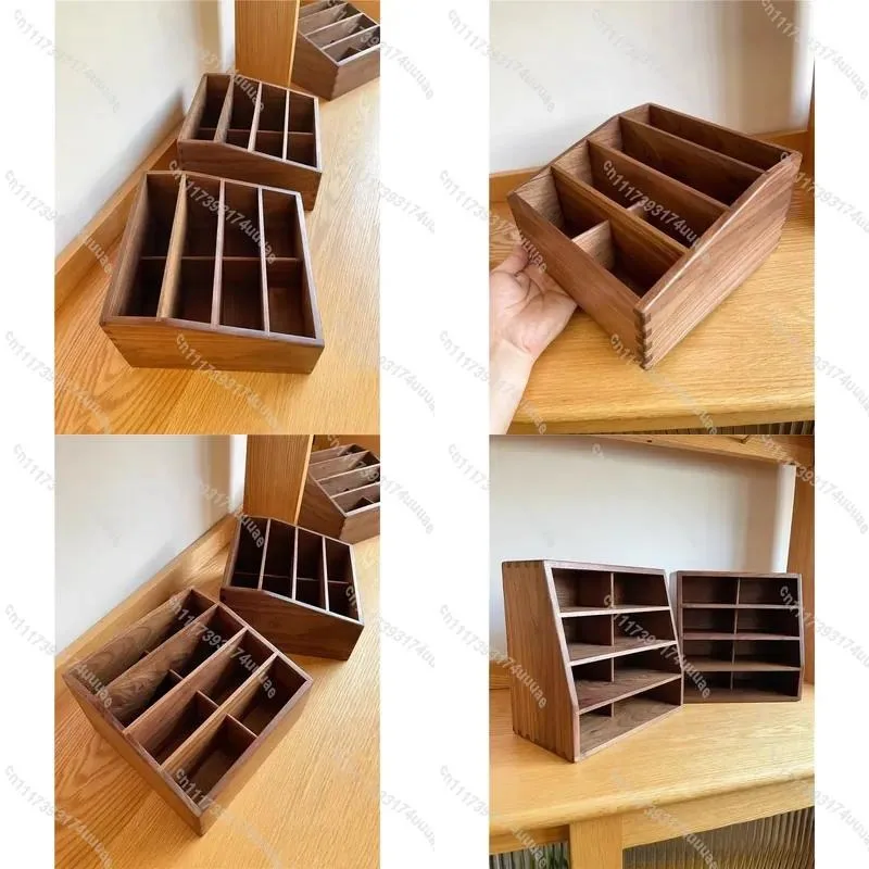 8 Compartment Black Walnut Wood Desk Organizer for Phones Remotes Office Desktop Storage Display Box Multi Slot Holder